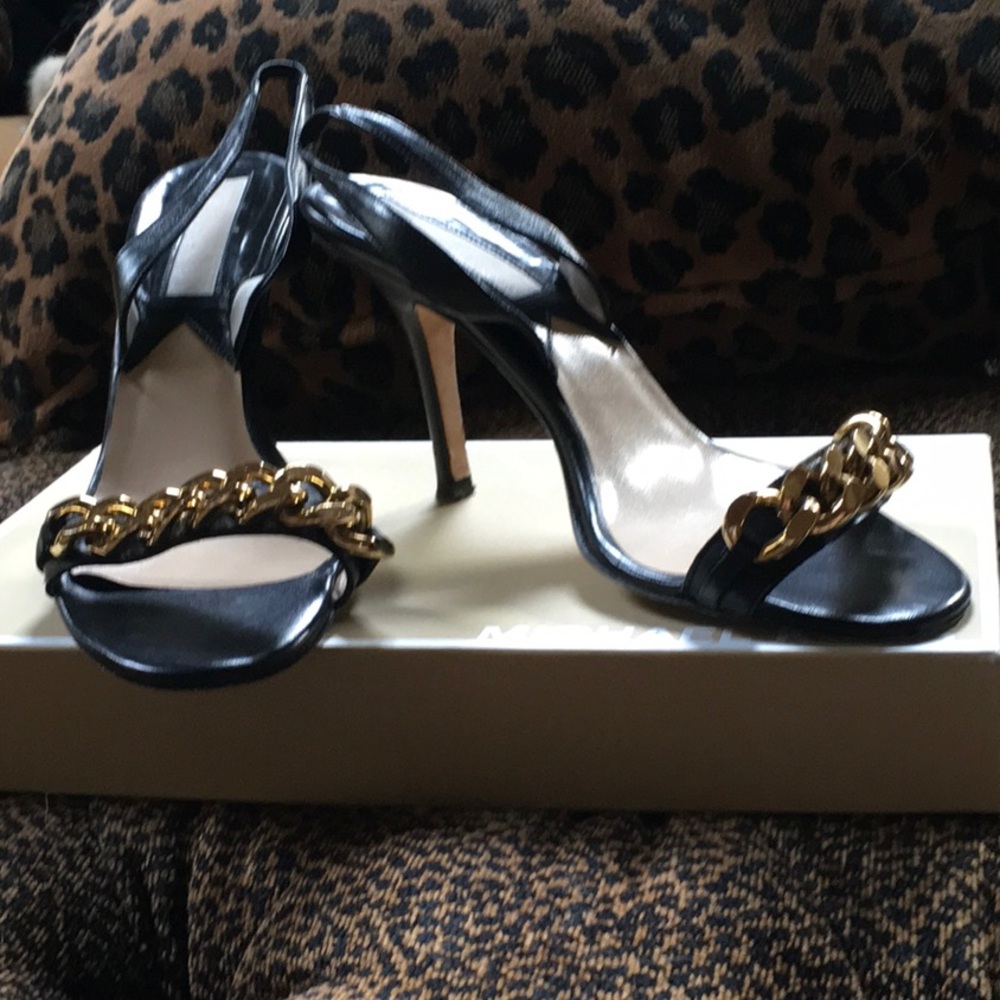 Black Napa gold chain embellished Sling backs